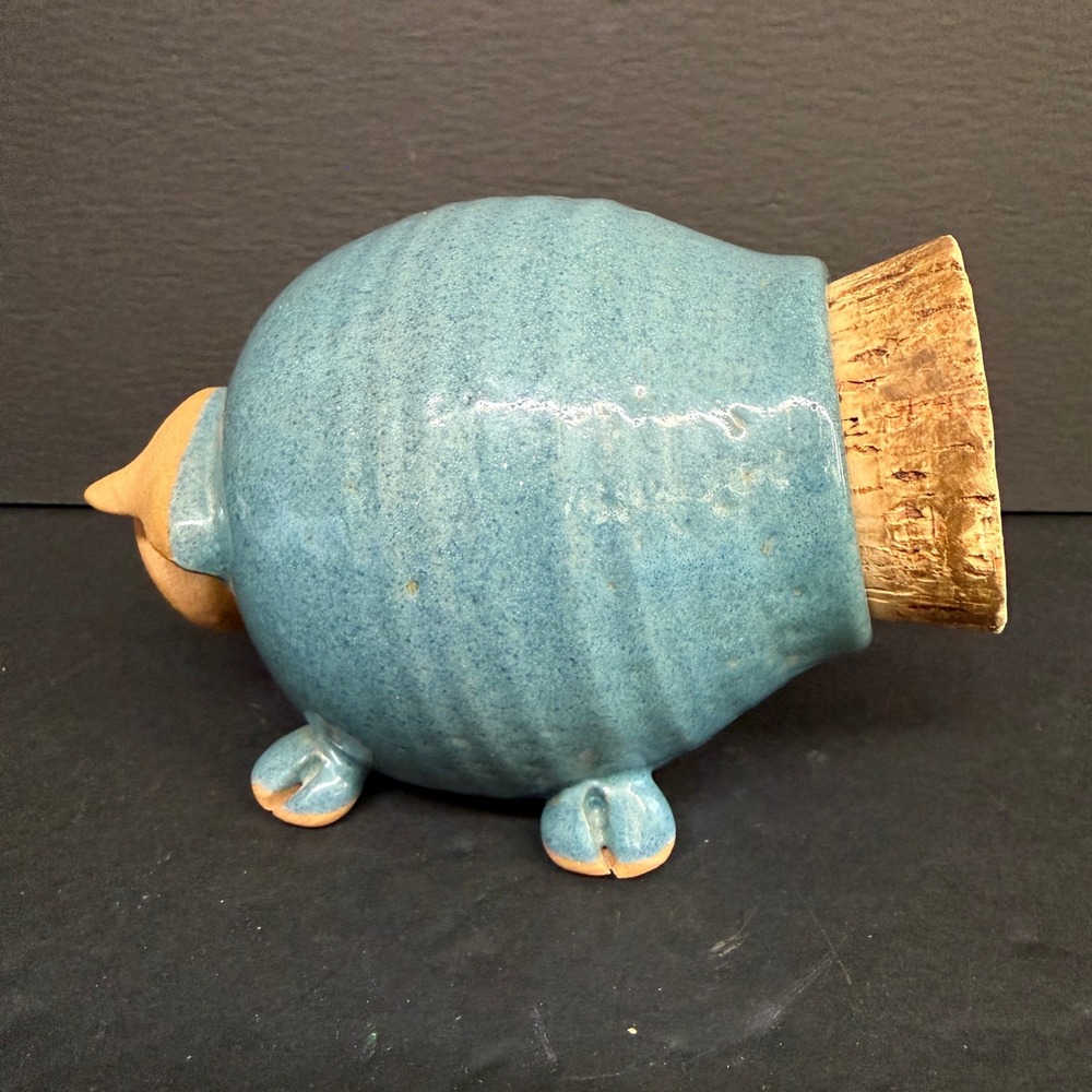 Vintage Piggy Bank with Cork Butt Blue Glazed ceramic Whimsical Pig Figurine - Picture 4 of 13